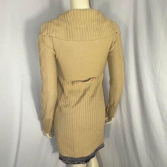 Vintage Derek Heart Camel Cable-Knit Sweater Coat | Longline Button-Up Cardigan - Picture 2 of 13